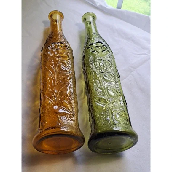 2 Empoli Genie Bottles Amber & Green Floral Design Topless - Picture 3 of 4